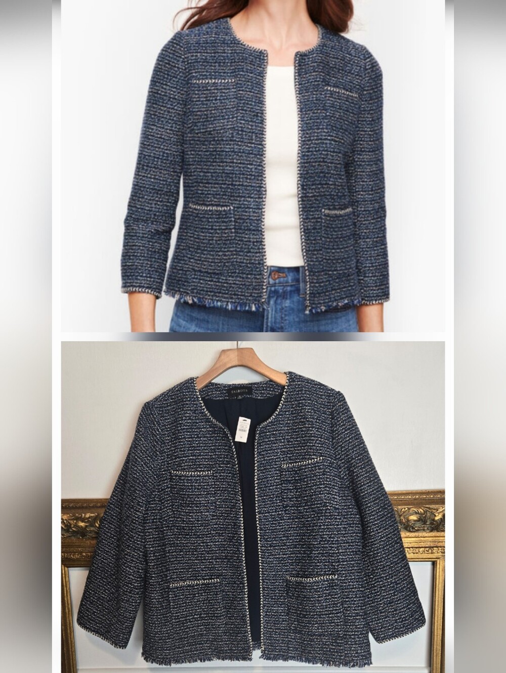 NWT Talbots Airy Tweed Textured Navy Bouclé Open-Front Jacket - Women's Size 16